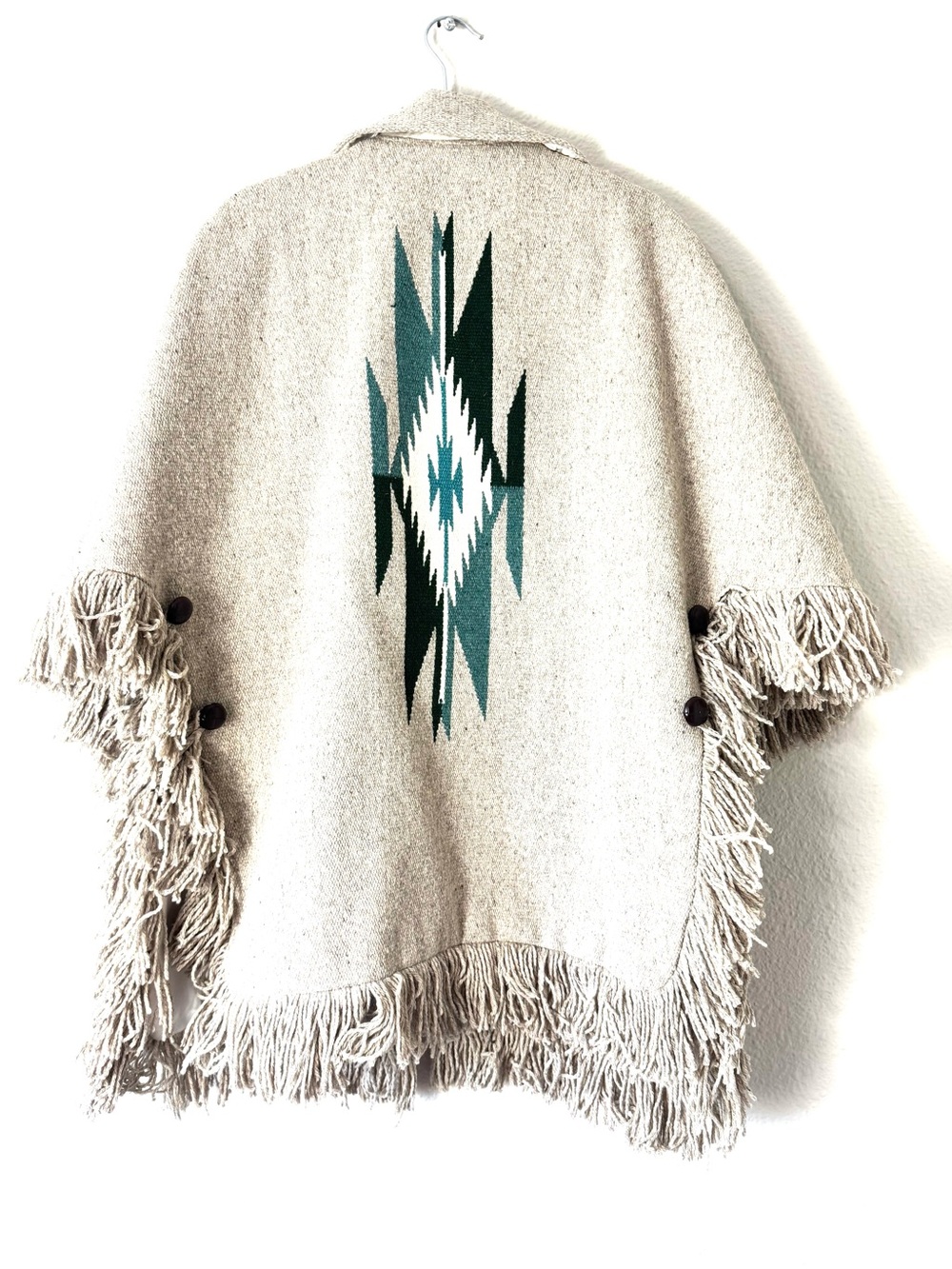 Ortega’s Wool Tan Fringe Coat Cape Poncho Size Medium - Picture 6 of 7